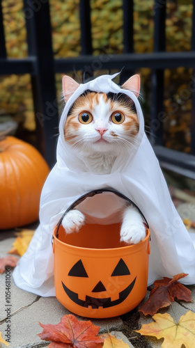 cute calico cat dressed up as ghost for Halloween, holding pumpkin bucket