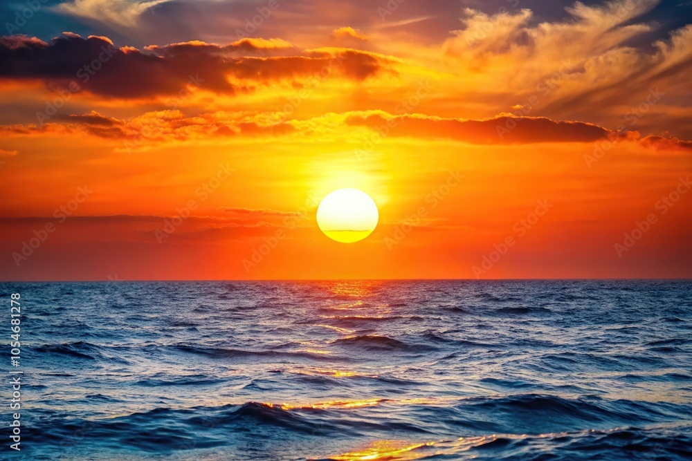 Scenic sunset over ocean with sun in sky Scenic sunset over ocean with sun in sky