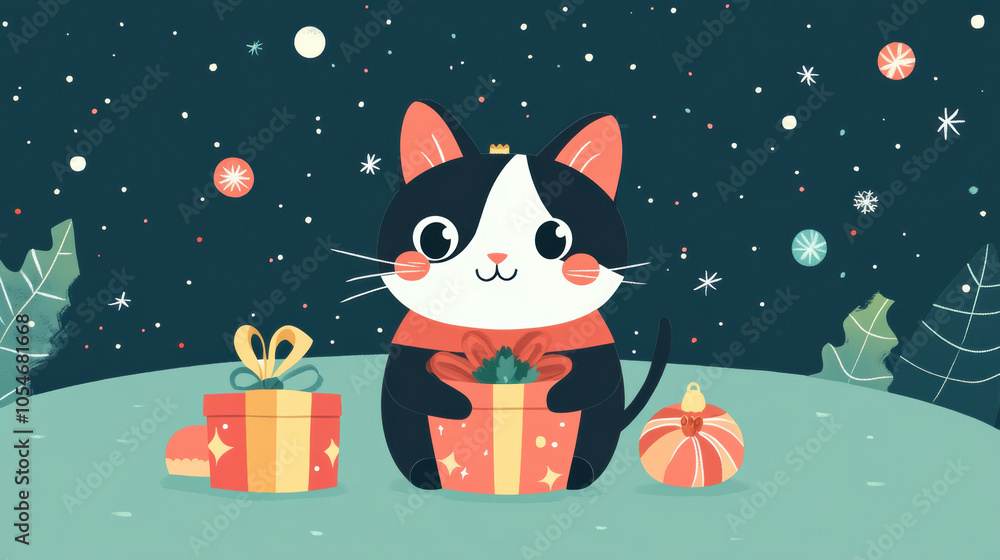 cute cat dressed up for Christmas with gift box, full of joy cute cat dressed up for Christmas with gift box, full of joy