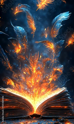 A magical book emitting vibrant flames and feathers in the night.