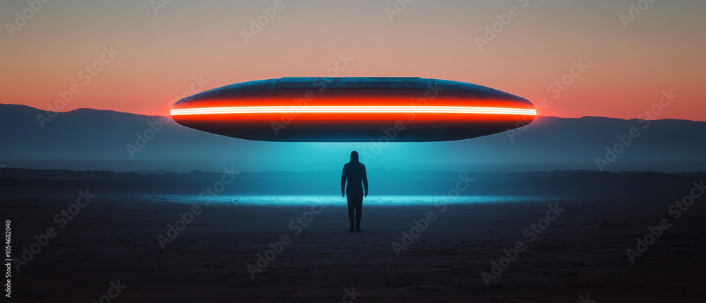 A silhouette of a person standing beneath a glowing UFO in a twilight desert scene, evoking themes of mystery and exploration of the unknown. A silhouette of a person standing beneath a glowing UFO in a twilight desert scene, evoking themes of mystery and exploration of the unknown.