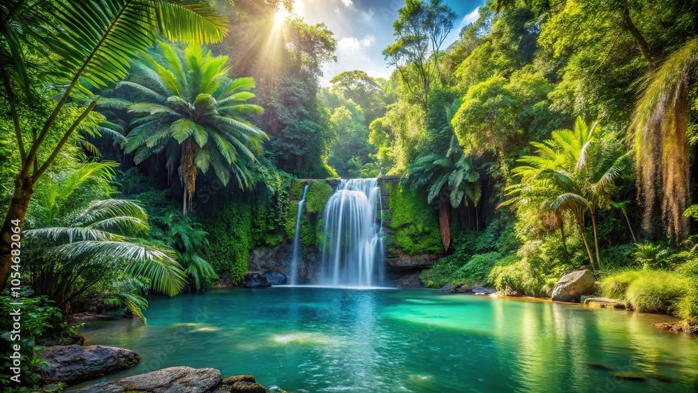 Scenic tropical jungle with majestic waterfall and refreshing pool Scenic tropical jungle with majestic waterfall and refreshing pool