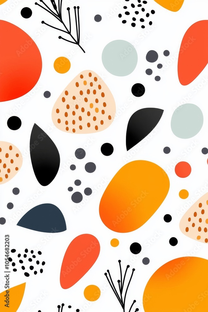 A vibrant abstract pattern featuring organic shapes in orange, black, and soft pastel colors. A vibrant abstract pattern featuring organic shapes in orange, black, and soft pastel colors.