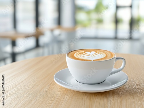 A beautifully crafted latte with heart-shaped foam art in a white cup, placed on a wooden table in a cozy caf� setting.