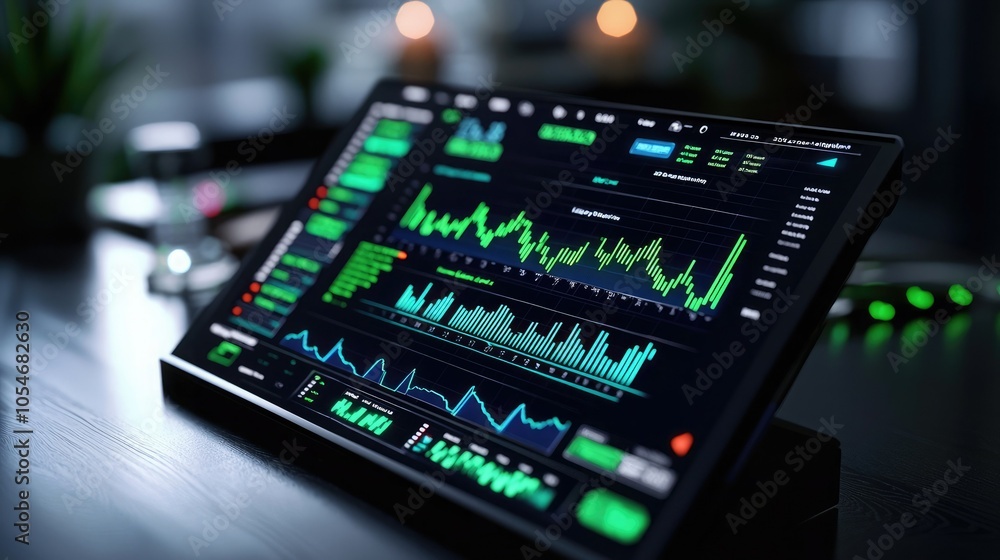 A sleek, modern monitor displaying vibrant financial or data analysis graphs and charts in a dimly lit environment. A sleek, modern monitor displaying vibrant financial or data analysis graphs and charts in a dimly lit environment.