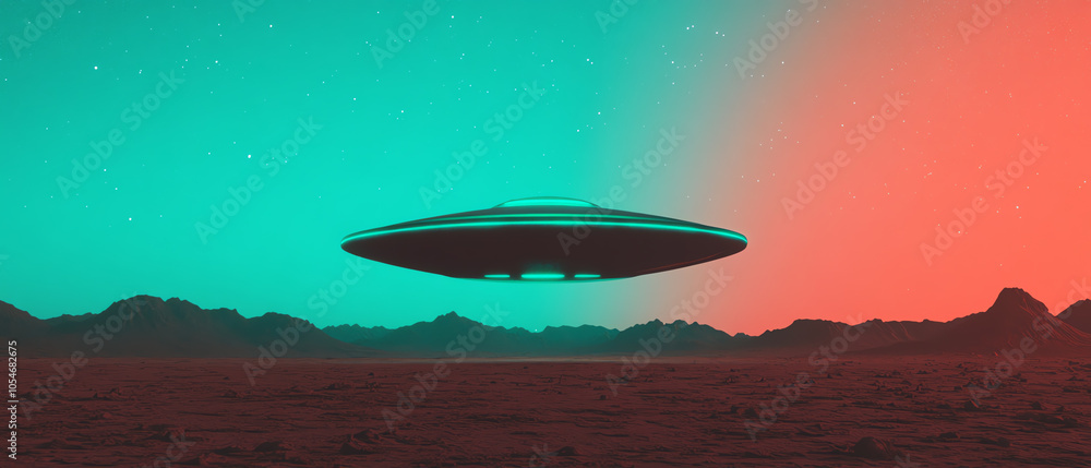 A stunning depiction of a UFO hovering over a surreal landscape, contrasting vibrant colors of teal and orange, creating an otherworldly atmosphere. A stunning depiction of a UFO hovering over a surreal landscape, contrasting vibrant colors of teal and orange, creating an otherworldly atmosphere.