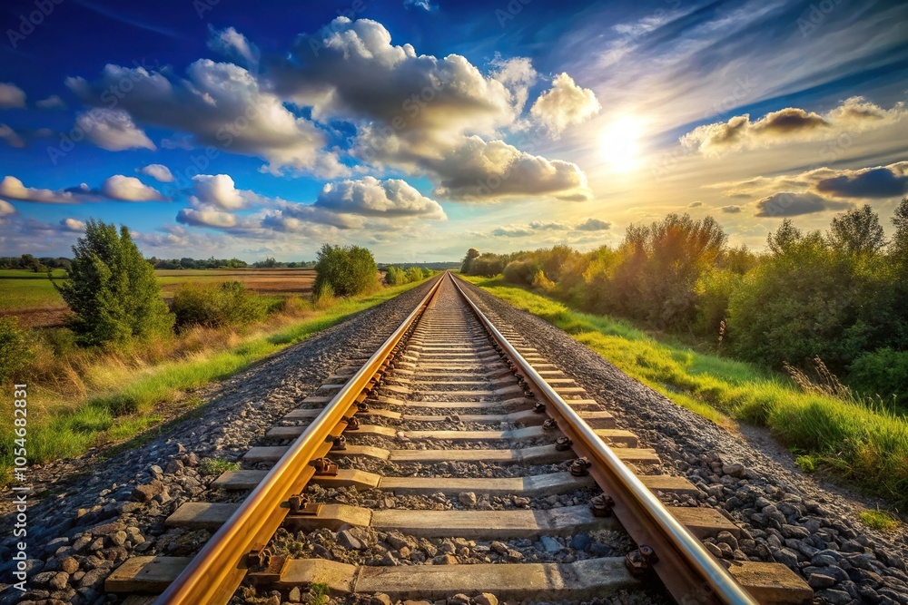 Fototapeta premium Scenic view of a railway track disappearing into the horizon under a wide-angle perspective