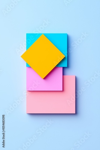 Colorful geometric shapes stacked on a blue background, featuring yellow, pink, and turquoise elements.