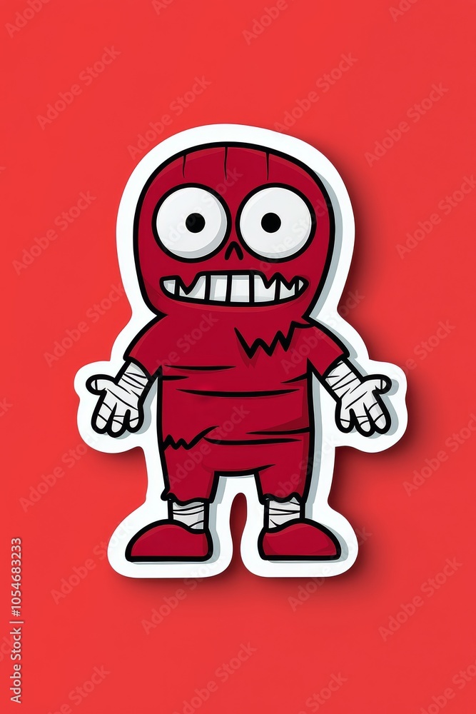 A playful red cartoon character with big eyes, bandages, and an exaggerated grin on a bright orange backdrop. A playful red cartoon character with big eyes, bandages, and an exaggerated grin on a bright orange backdrop.
