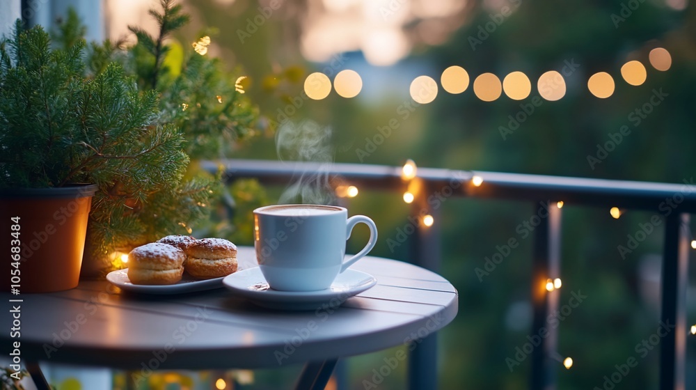 A steaming cup of coffee and pastries on a balcony table with string lights. A steaming cup of coffee and pastries on a balcony table with string lights.