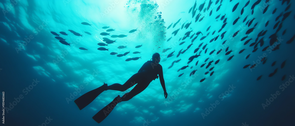 A swimmer exploring the underwater world surrounded by schools of fish, showcasing the beauty of marine life in a tranquil blue sea. A swimmer exploring the underwater world surrounded by schools of fish, showcasing the beauty of marine life in a tranquil blue sea.