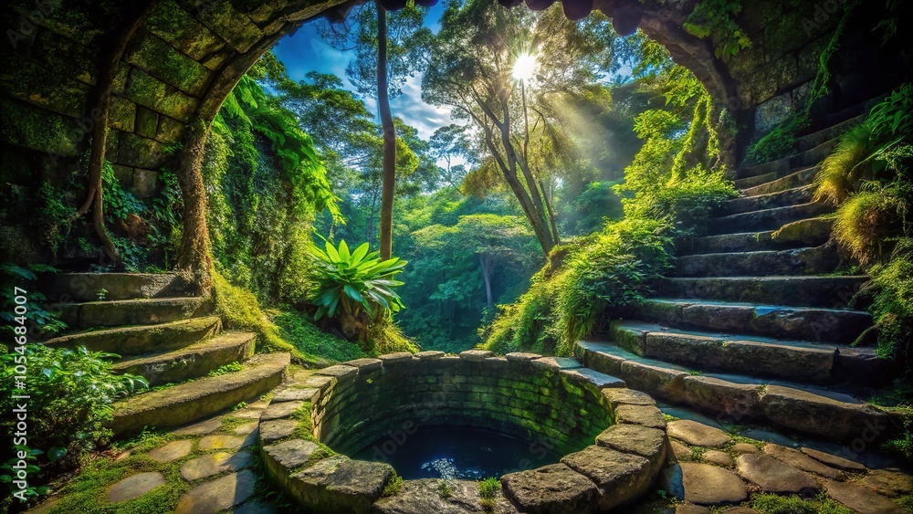 Drone Photography: Ancient Well with Descending Stone Stairs - Generative AI Art Drone Photography: Ancient Well with Descending Stone Stairs - Generative AI Art
