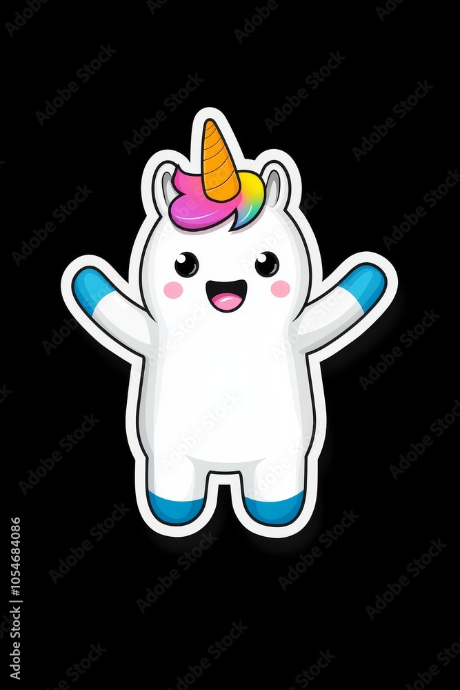 A cheerful cartoon unicorn character with a rainbow mane and a golden horn, set against a black background. A cheerful cartoon unicorn character with a rainbow mane and a golden horn, set against a black background.