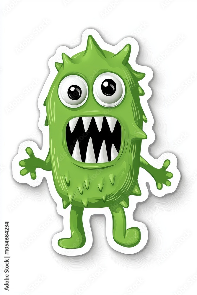 Fototapeta premium Cartoon green monster with big eyes and sharp teeth, cheerful expression, perfect for children's themes.
