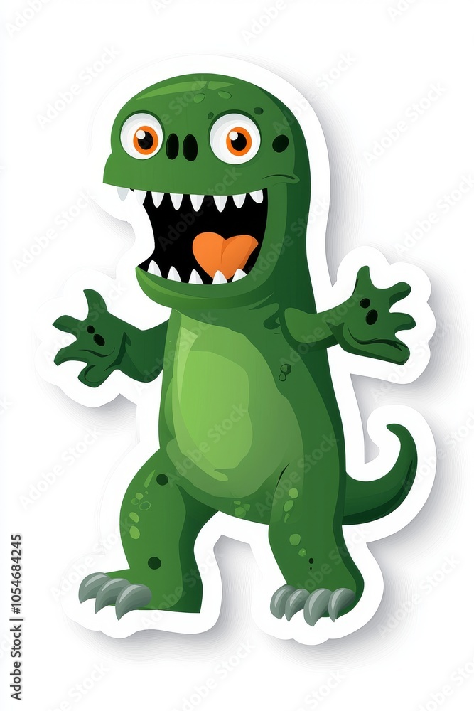 Fototapeta premium A cheerful green cartoon dinosaur with bright orange eyes and a wide grin, showcasing a playful personality.