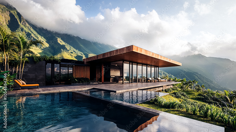 Naklejka premium Luxury House With A Pool and Dramatic Lighting in the American West