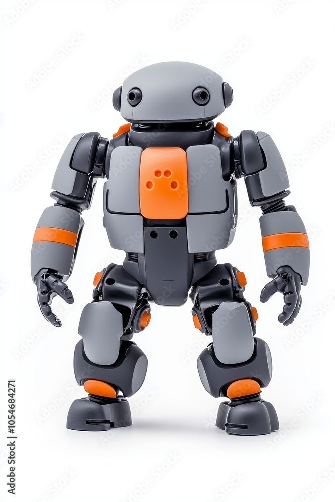 A futuristic, stylized robot figure in gray and orange colors, showcasing intricate details and a friendly design. A futuristic, stylized robot figure in gray and orange colors, showcasing intricate details and a friendly design.