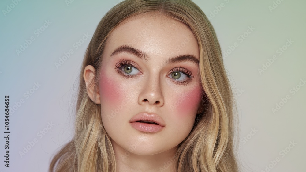 Naklejka premium Young Blonde Woman with Pink Lipstick in Close-Up Portrait