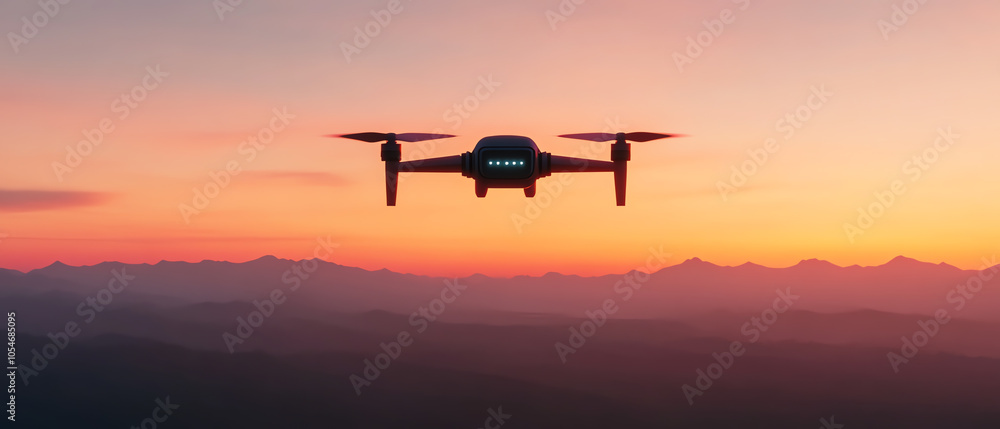 Drone flying over a mountainous landscape during sunset, showcasing its advanced design and cinematic capabilities. Drone flying over a mountainous landscape during sunset, showcasing its advanced design and cinematic capabilities.