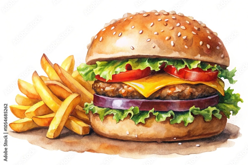 Watercolor painting of burger and fries on white background Watercolor painting of burger and fries on white background