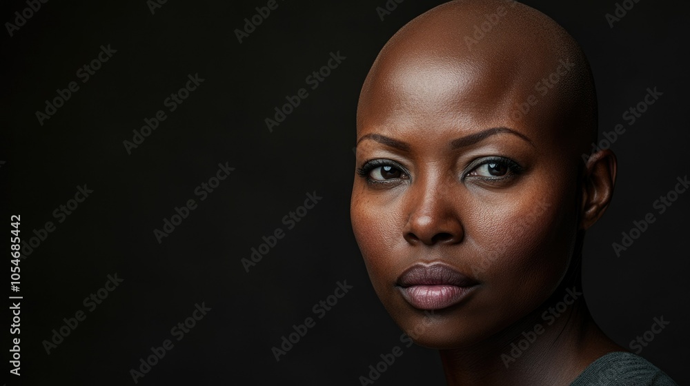 Portrait of a dark-skinned woman suffering from cancer after severe hair loss due to chemotherapy treatment Portrait of a dark-skinned woman suffering from cancer after severe hair loss due to chemotherapy treatment