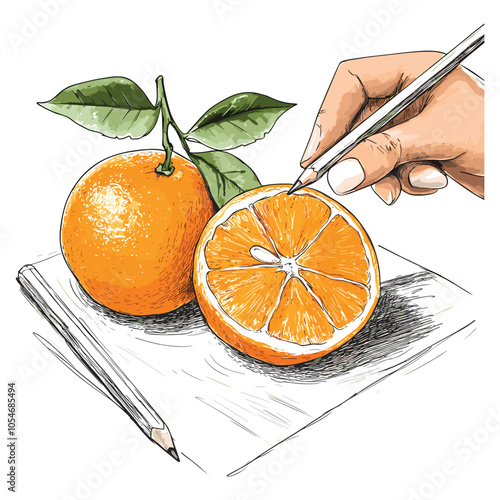 Orange with Leaves Being Sketched in Pencil with Realistic Detail