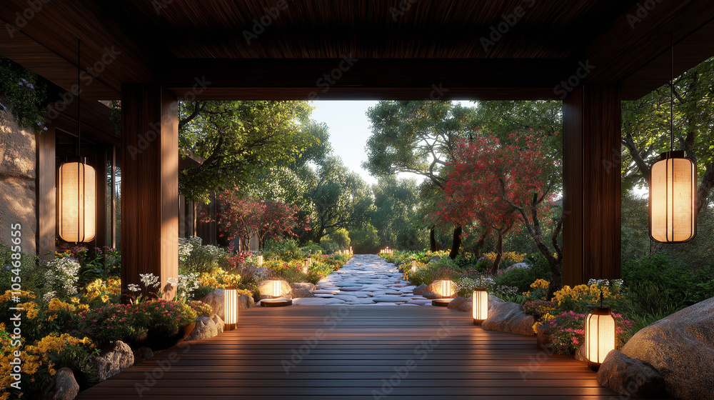 Fototapeta premium Natural pastoral style, the center of the picture is a wooden corridor with potted plants and flowers, some lanterns hanging on the corridor and some flowers. 