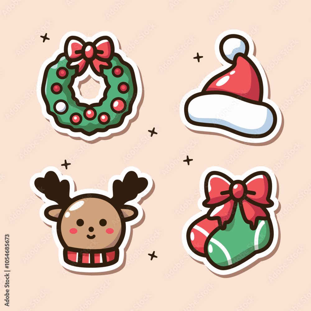 Charming Christmas Icons Set with Wreath, Santa Hat, Reindeer, and Stockings Charming Christmas Icons Set with Wreath, Santa Hat, Reindeer, and Stockings