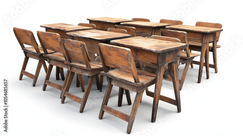 poor school. old wooden lecture chairs and desks in a poor school classroom. old school. education for all concept. back to school with white shades, png photo