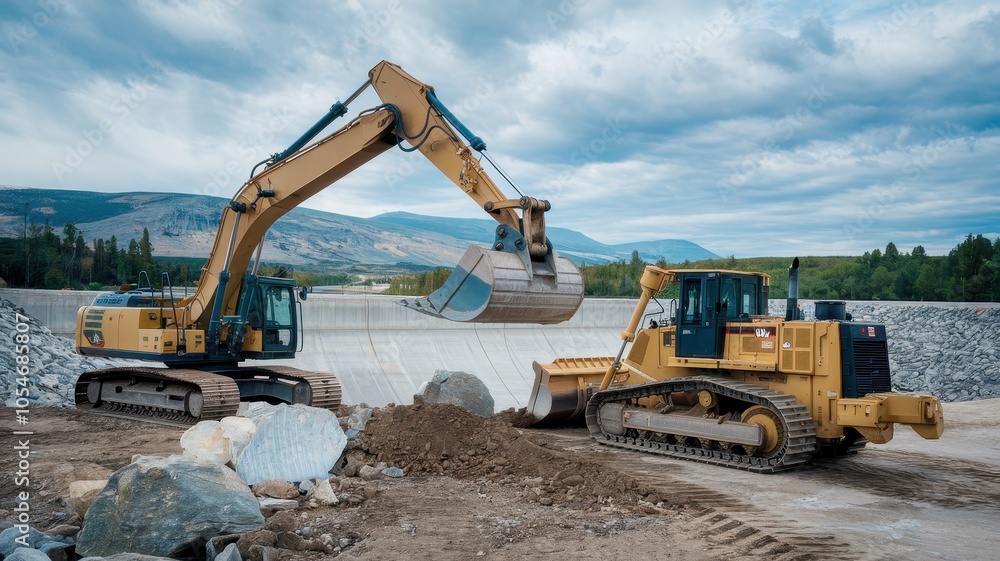 Two yellow excavators parked at a dam construction site on dirt terrain Two yellow excavators parked at a dam construction site on dirt terrain