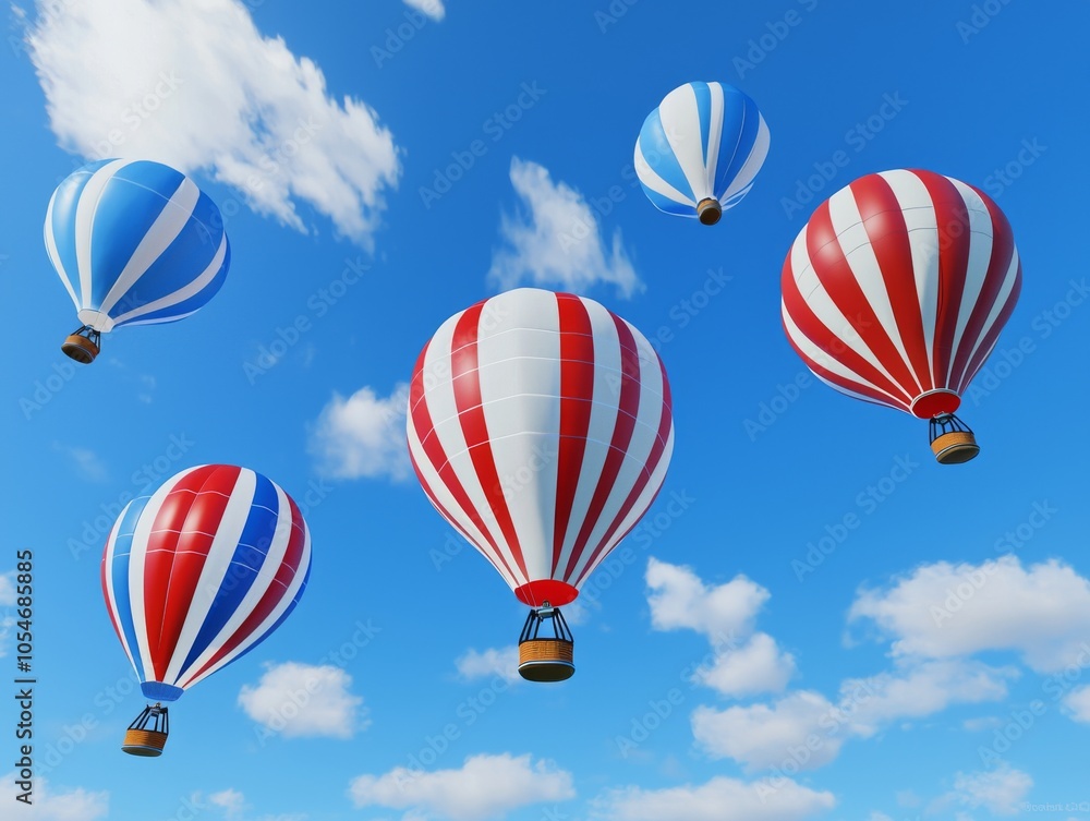 Colorful hot air balloons soaring in a bright blue sky filled with fluffy white clouds. Colorful hot air balloons soaring in a bright blue sky filled with fluffy white clouds.