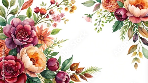 Fototapeta Naklejka Na Ścianę i Meble -  Watercolor painting of burgundy and peach flowers and foliage tilted angle