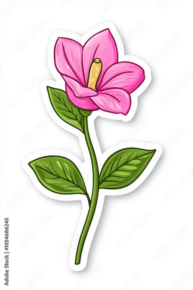 A vibrant pink flower with green leaves, showcasing its delicate petals and inviting charm. A vibrant pink flower with green leaves, showcasing its delicate petals and inviting charm.