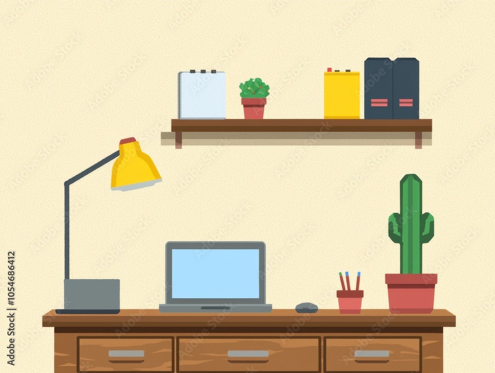 Minimalist workspace featuring a laptop, desk lamp, and potted plants for a fresh and productive atmosphere. Minimalist workspace featuring a laptop, desk lamp, and potted plants for a fresh and productive atmosphere.