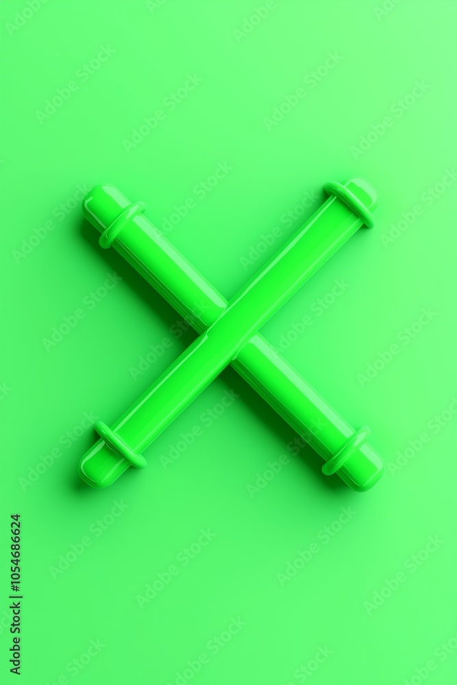 Fototapeta premium Two vibrant green test tubes arranged in an 'X' shape on a bright green background, creating a modern, playful design.
