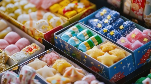 Festive Tanabata food gift baskets with Japanese snacks, candies, and treats packaged in sta photo