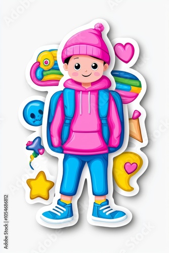 Cartoon boy in a pink hoodie and blue jeans, surrounded by colorful playful elements.