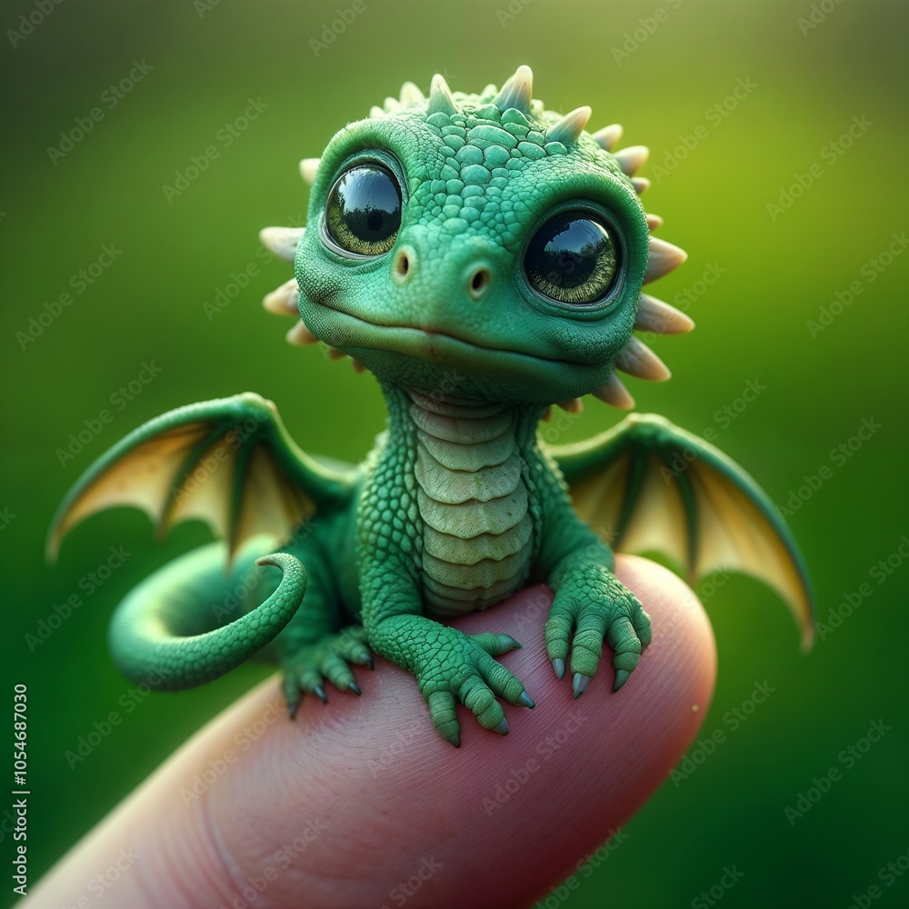 A tiny, green dragon with large, expressive eyes sits on a human finger. The dragon's scales are detailed and textured. The dragon looks up at the camera with a curious and playful expression. A tiny, green dragon with large, expressive eyes sits on a human finger. The dragon's scales are detailed and textured. The dragon looks up at the camera with a curious and playful expression.