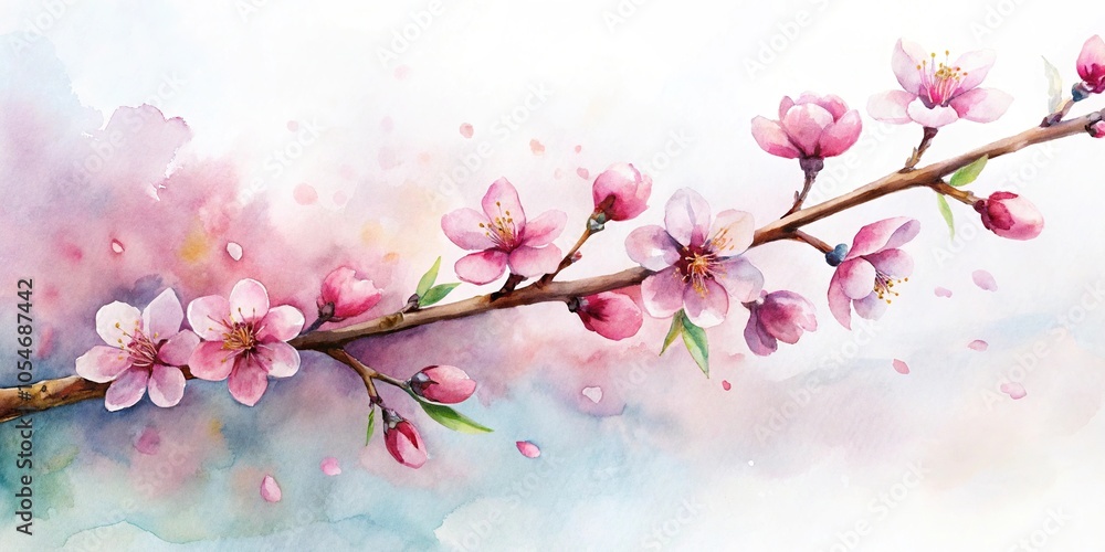 Watercolor painting of cherry blossom flower Long Shot Watercolor painting of cherry blossom flower Long Shot