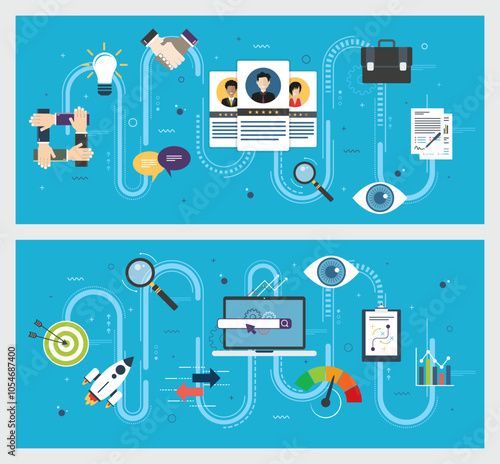 Vector graphic illustration of icon set with concept of recruitment and selection of people for employment. Marketing strategy, internet search optimization, SEO, growth and efficiency in search.