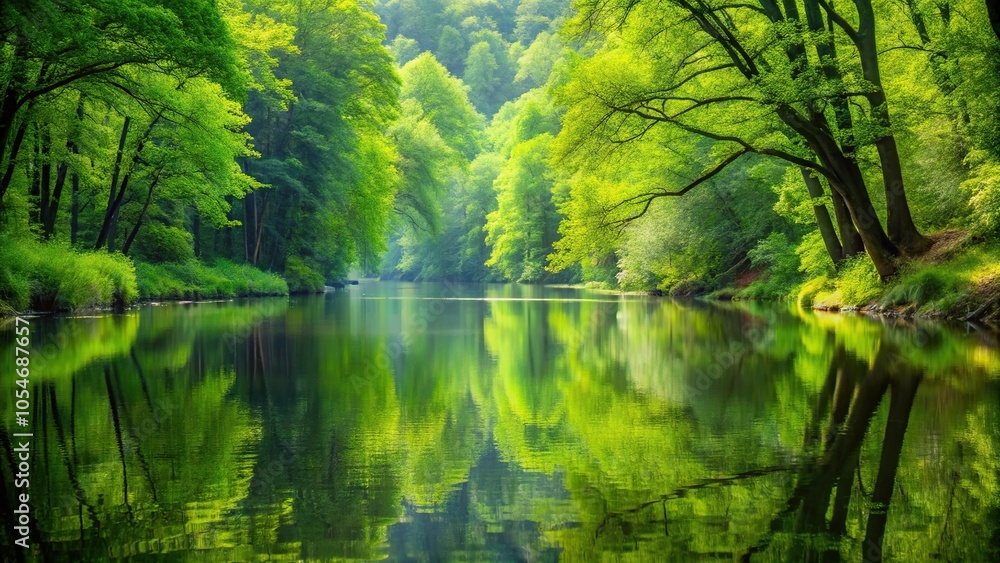 Scenic view of green forest reflecting in calm river Scenic view of green forest reflecting in calm river