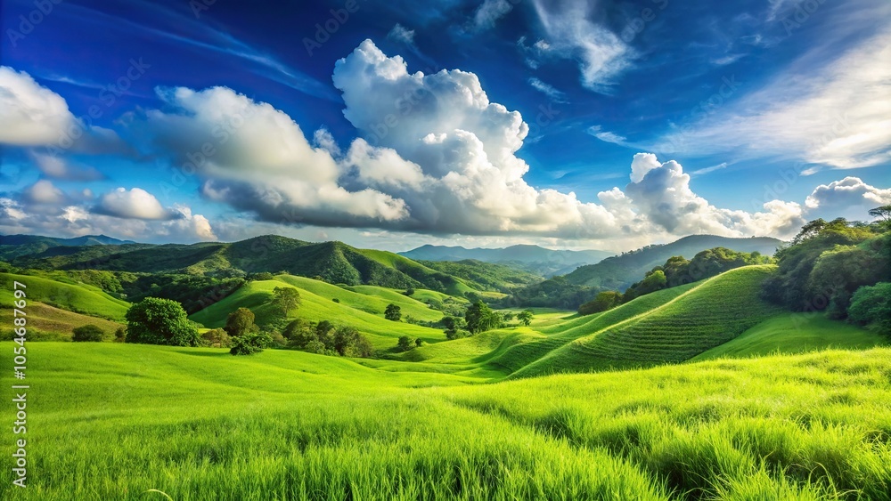 Scenic view of green grass field on slope with clouds and mountains in the background Scenic view of green grass field on slope with clouds and mountains in the background