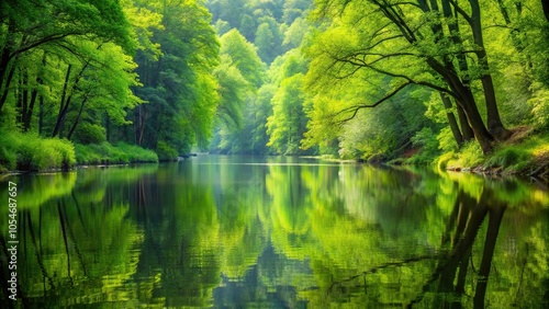 Scenic view of green forest reflecting in calm river