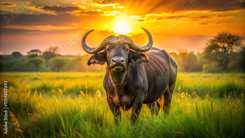 Majestic Murrah Buffalo Grazing in Rural Indian Farm - Rule of Thirds Photography photo