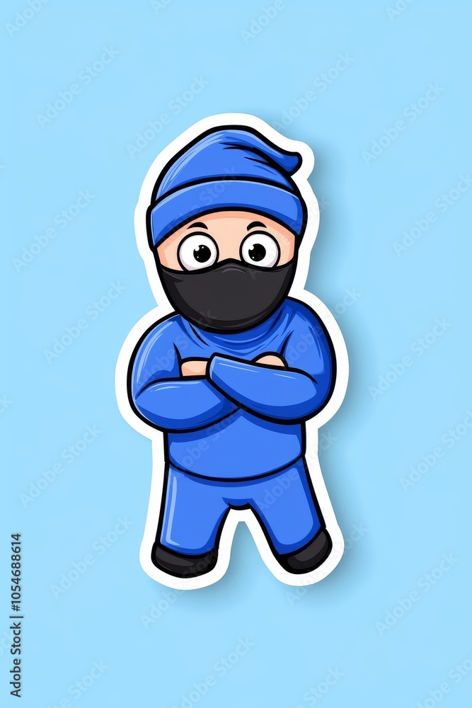 Cartoon character in blue outfit with mask, standing confidently against a light blue background. Cartoon character in blue outfit with mask, standing confidently against a light blue background.