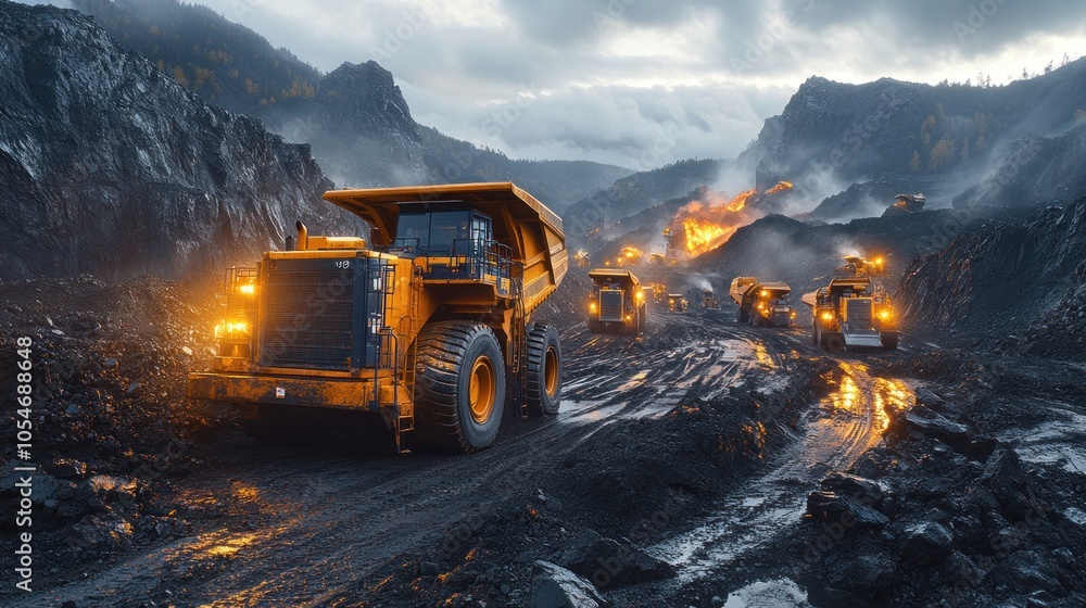 Heavy machinery operating in a mining site at dusk. Heavy machinery operating in a mining site at dusk.
