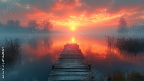 Wallpaper Mural Serene sunrise over a misty lake with a wooden pier. Torontodigital.ca