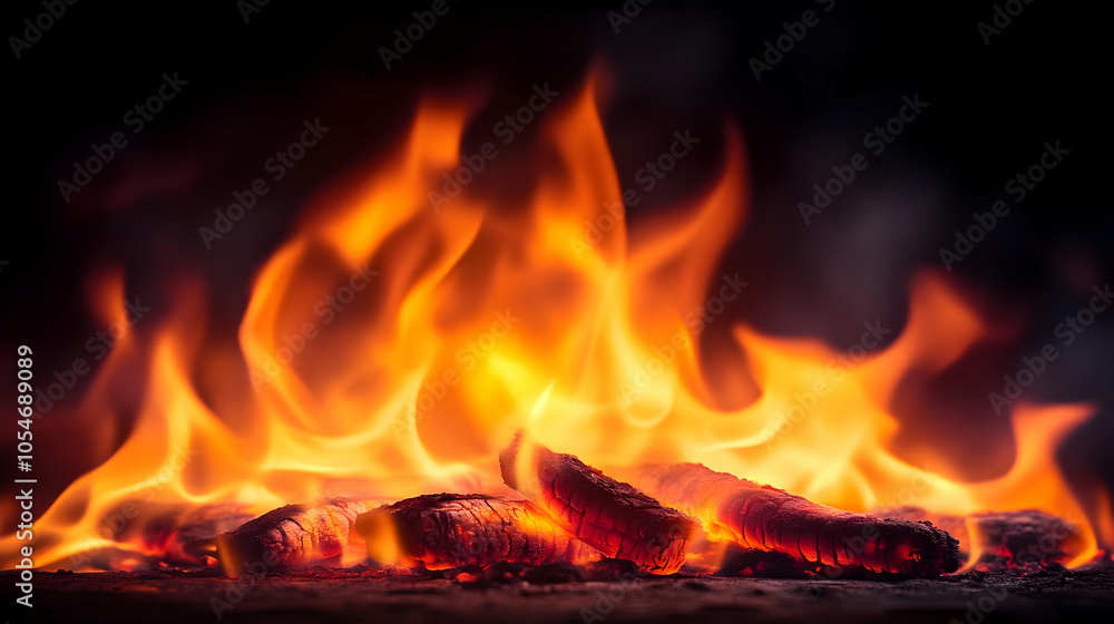 A close-up of vibrant flames dancing over glowing embers in a dark background. A close-up of vibrant flames dancing over glowing embers in a dark background.