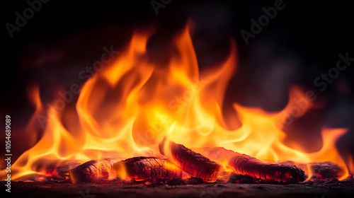 A close-up of vibrant flames dancing over glowing embers in a dark background.