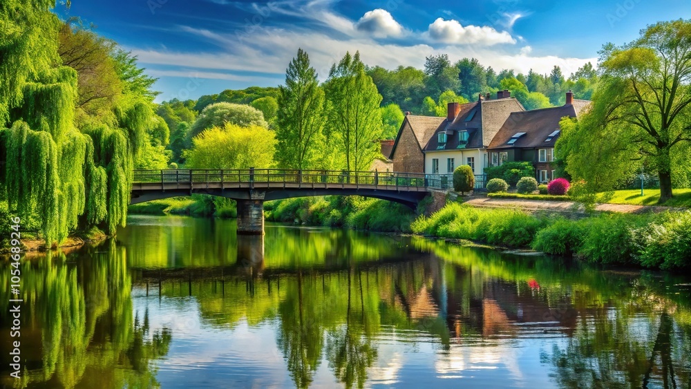 Scenic view of green trees and houses by river with bridge Scenic view of green trees and houses by river with bridge